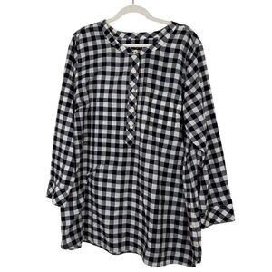 Talbots Cotton Gingham Check Button Popover Tunic Top Black White Preppy Size 2X
